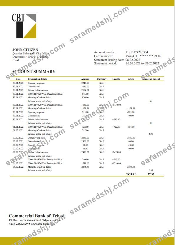 Chad Commercial Bank of Tchad bank statement template in Word and PDF format
